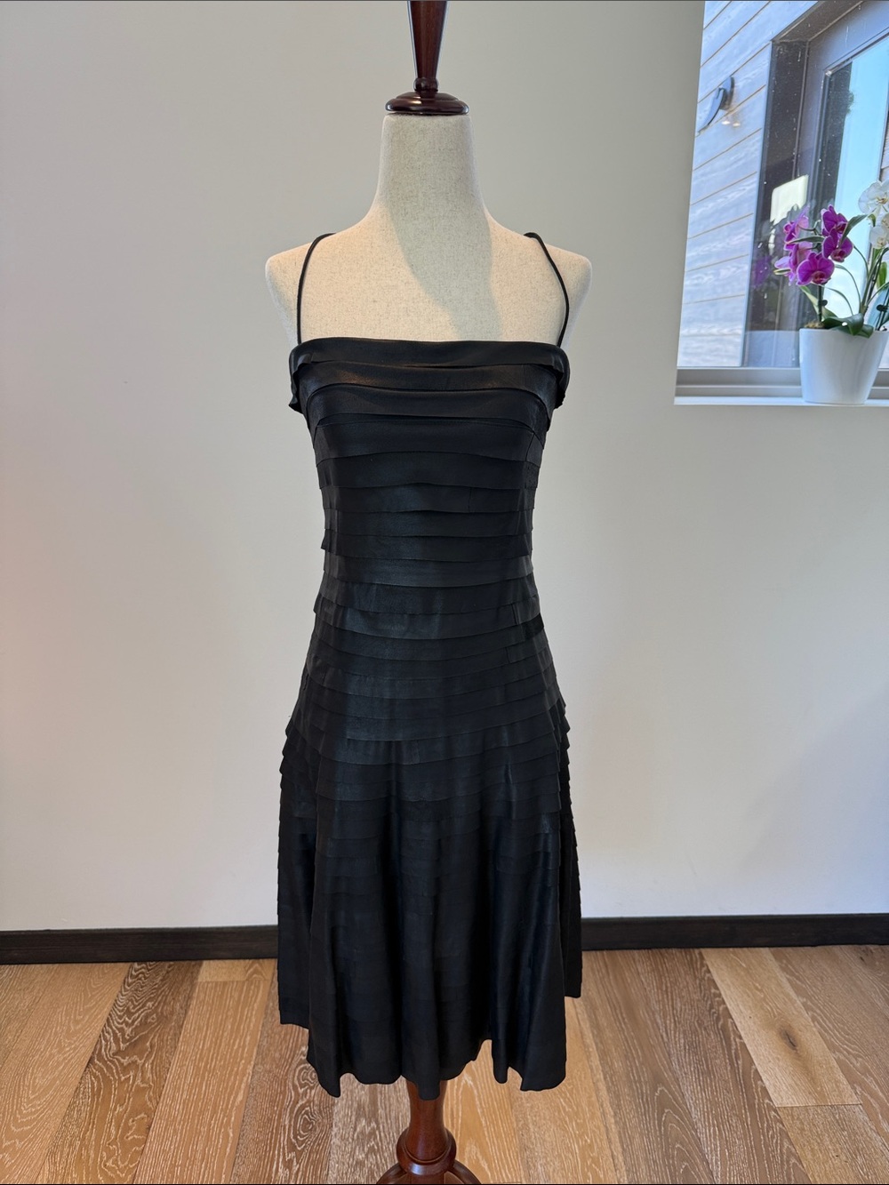Emporio Armani Black leather Strappy Tiered A-Line Dress